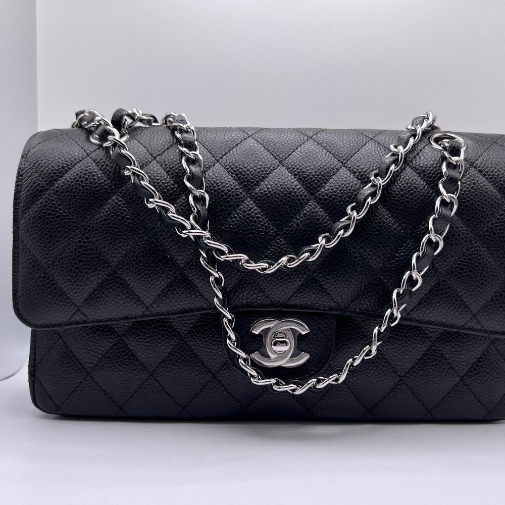 Chanel Medium Classic Flap Bag Caviar Leather silver hardware New with microchip